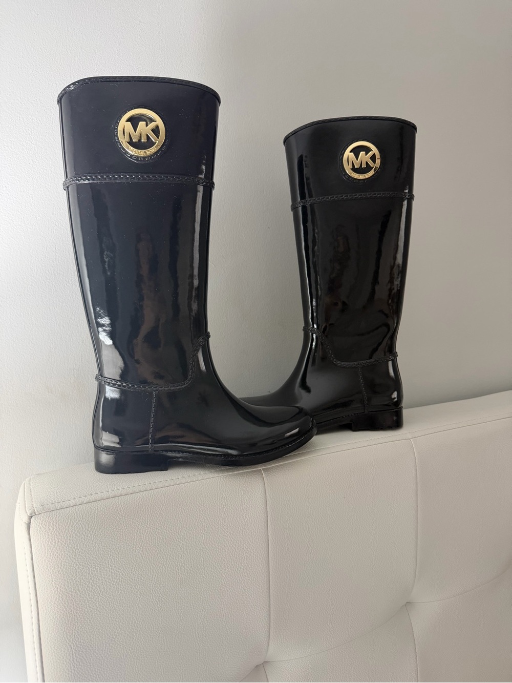 Michael Kors Black Patent Tall Rain Boots with Gold MK Medallion - Picture 2 of 4